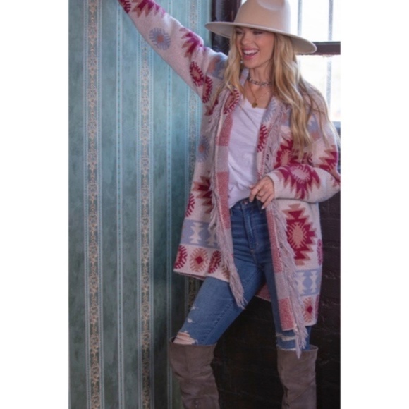 SOLD OUT Berry Aztec Western Tribal Pattern Open Front Fringe Cardigan Sweater - Picture 6 of 8